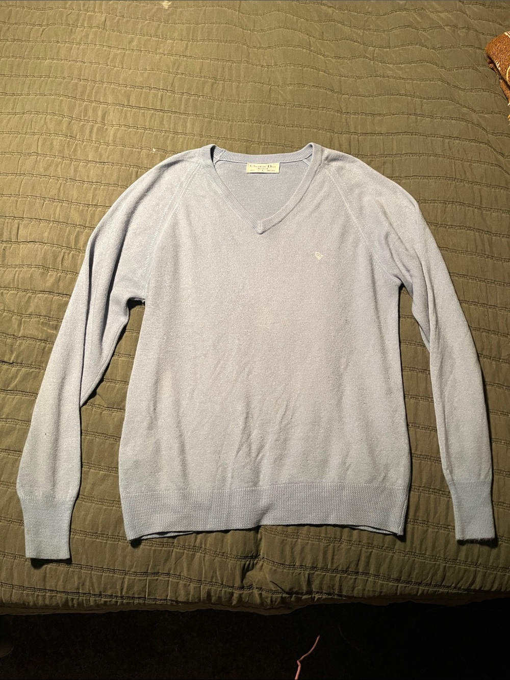 Vintage Christian Dior Monsieur Men's Light Blue V-Neck Sweater